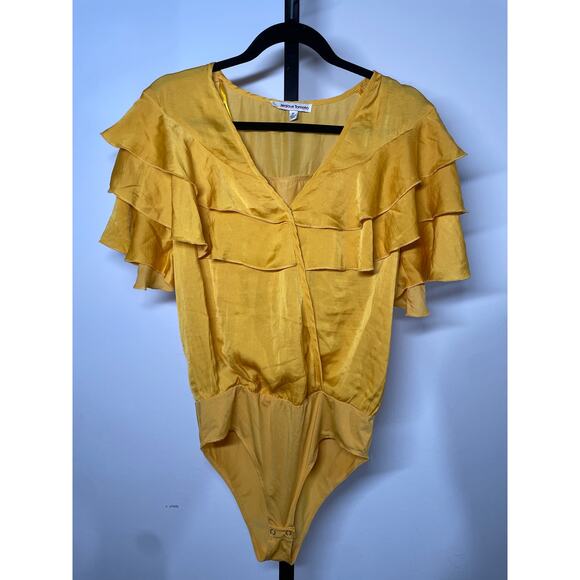 JEALOUS TOMATO Ruffle Bodysuit Top Women's S Bright Satin Gold Faux Wrap Blouse - Picture 1 of 8